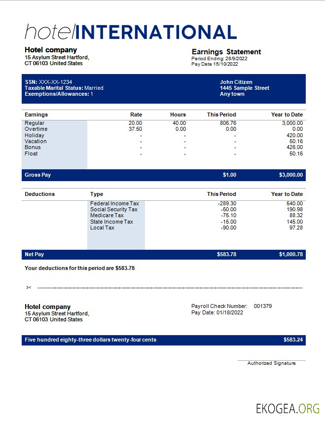 modèle de paie international d'hôtel aux formats Word et PDF